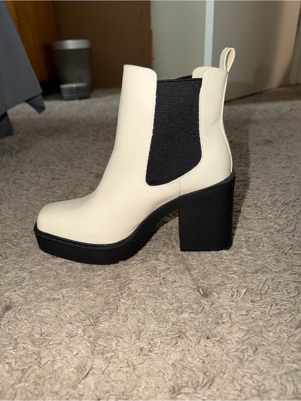 White Chelsea Platform Boot with Black Elastic and Block Heel- Size 7